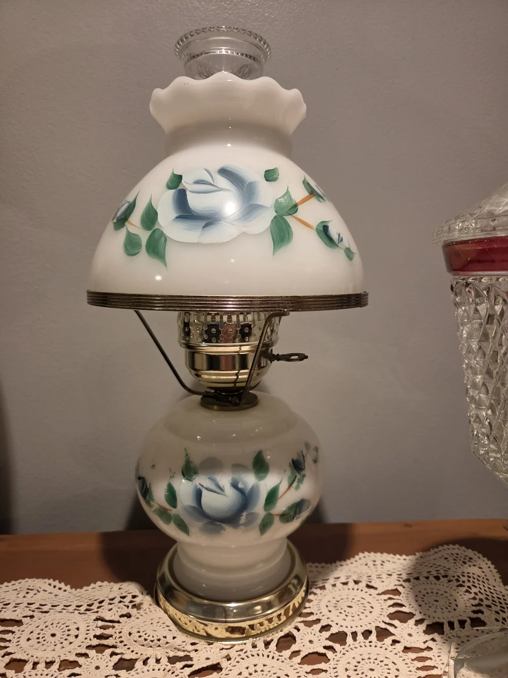 Vintage Hurricane Lamp Milk Glass Hand-Painted Blue Roses Cottage Grandma
